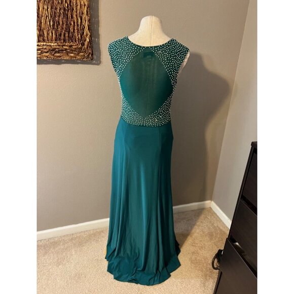 Jackie Jon Dress Emerald Green Silver 8 Stud Stretch Maxi Formal Party Event - Picture 4 of 11
